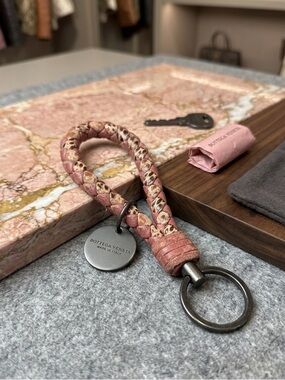 Bottega Veneta Intrecciato Snakeskin & Leather Braided Loop Keychain Pink